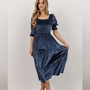 Baltic Born Blue Vivaldi Smocked Velvet Midi Dress size small